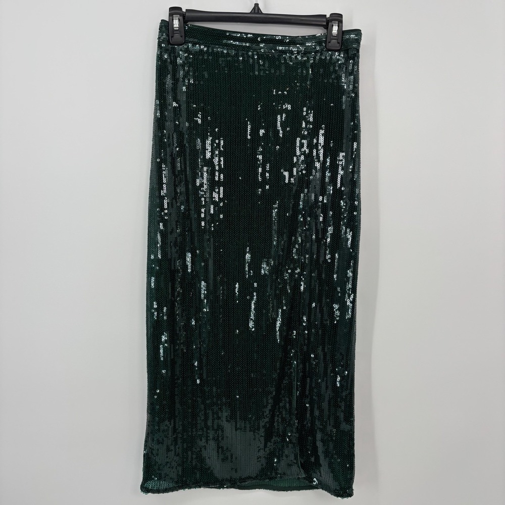 H&M Emerald Green Sequin High Waist Side Slit Midi Skirt Party Holiday Size 6
